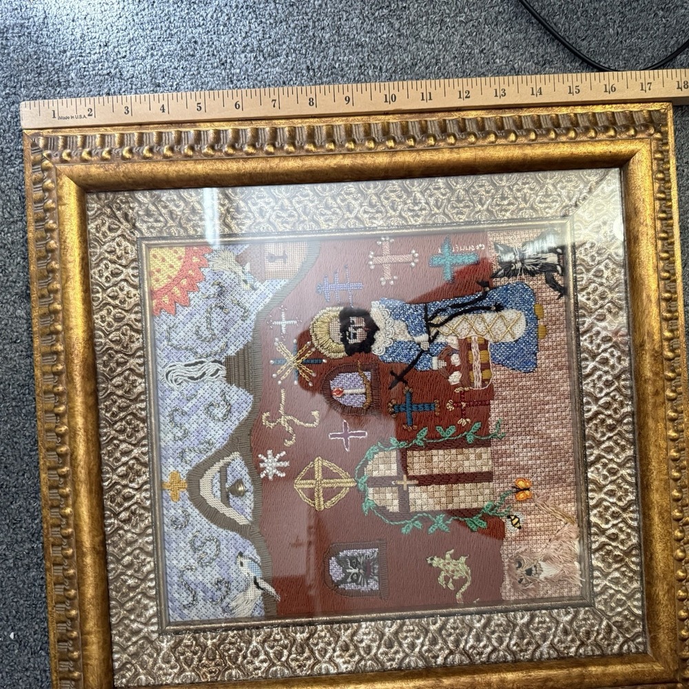 VTG Crewel Religious Needlepoint Priest‎ Saint Cats Dogs Wall Art 17"x16" Church - Picture 12 of 13